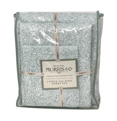 WILLIAM MORRIS & Co CAL. KING Cotton Teal & White Luxurious Floral Sheet Set NEW