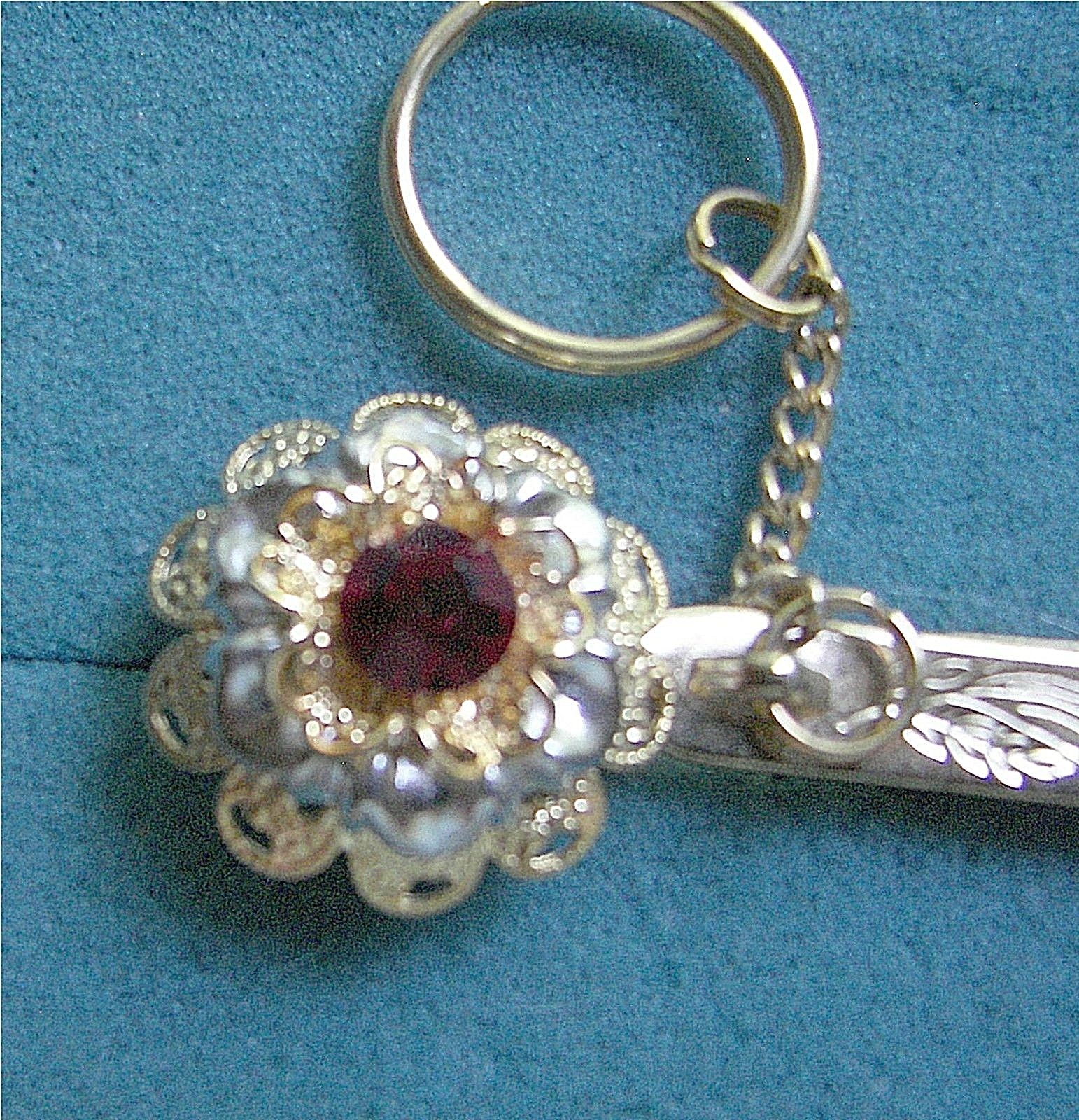 Gold Tone Flower Key Ring with Clip - Costume Jewelry - Vintage