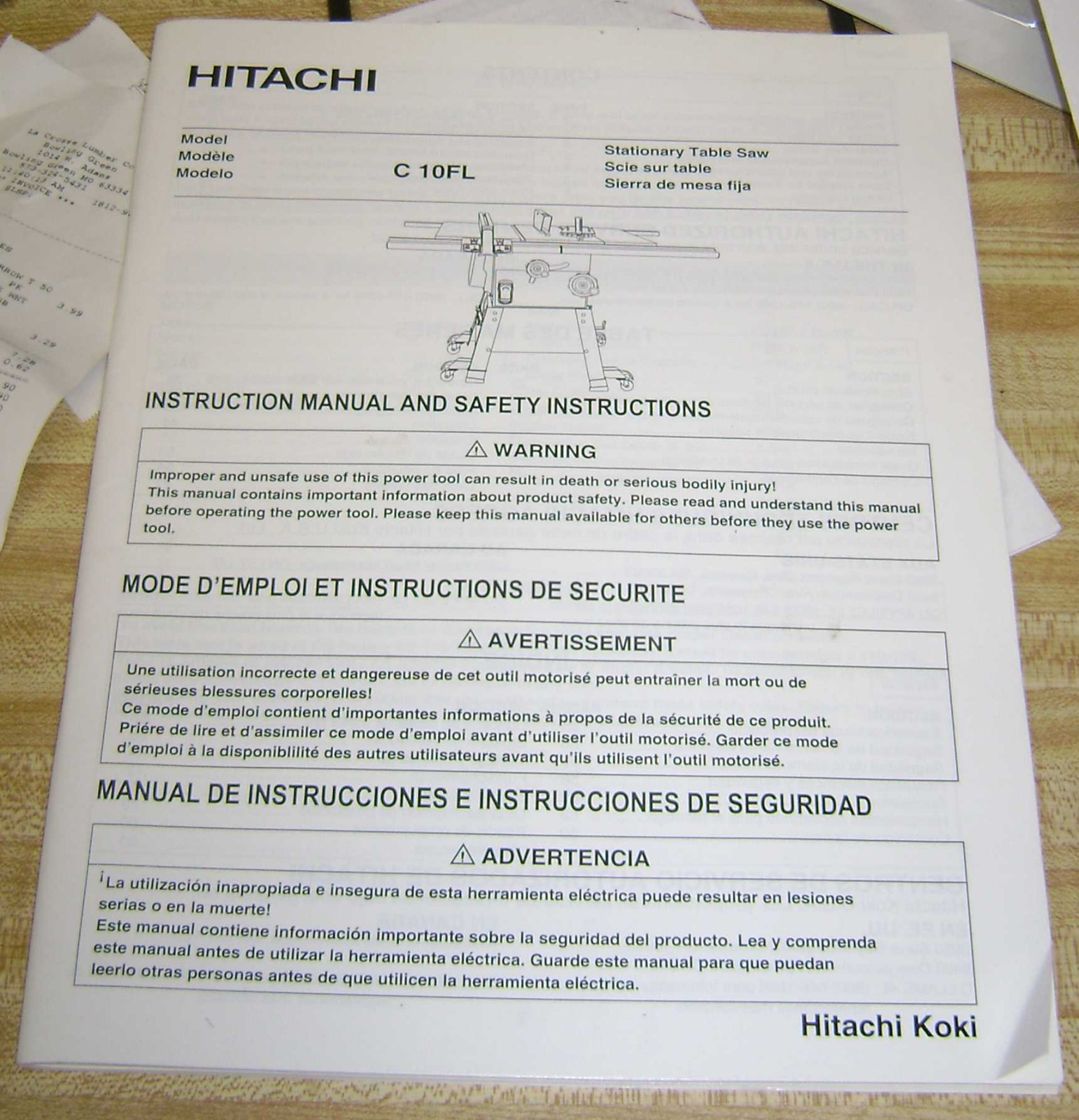 HITACHI C-10FL Table Saw Instruction / Owners Manual