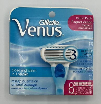 Gillette Venus Close & Clean In 1 Stroke 3 blade Cartridges New Box of 8 Refills
