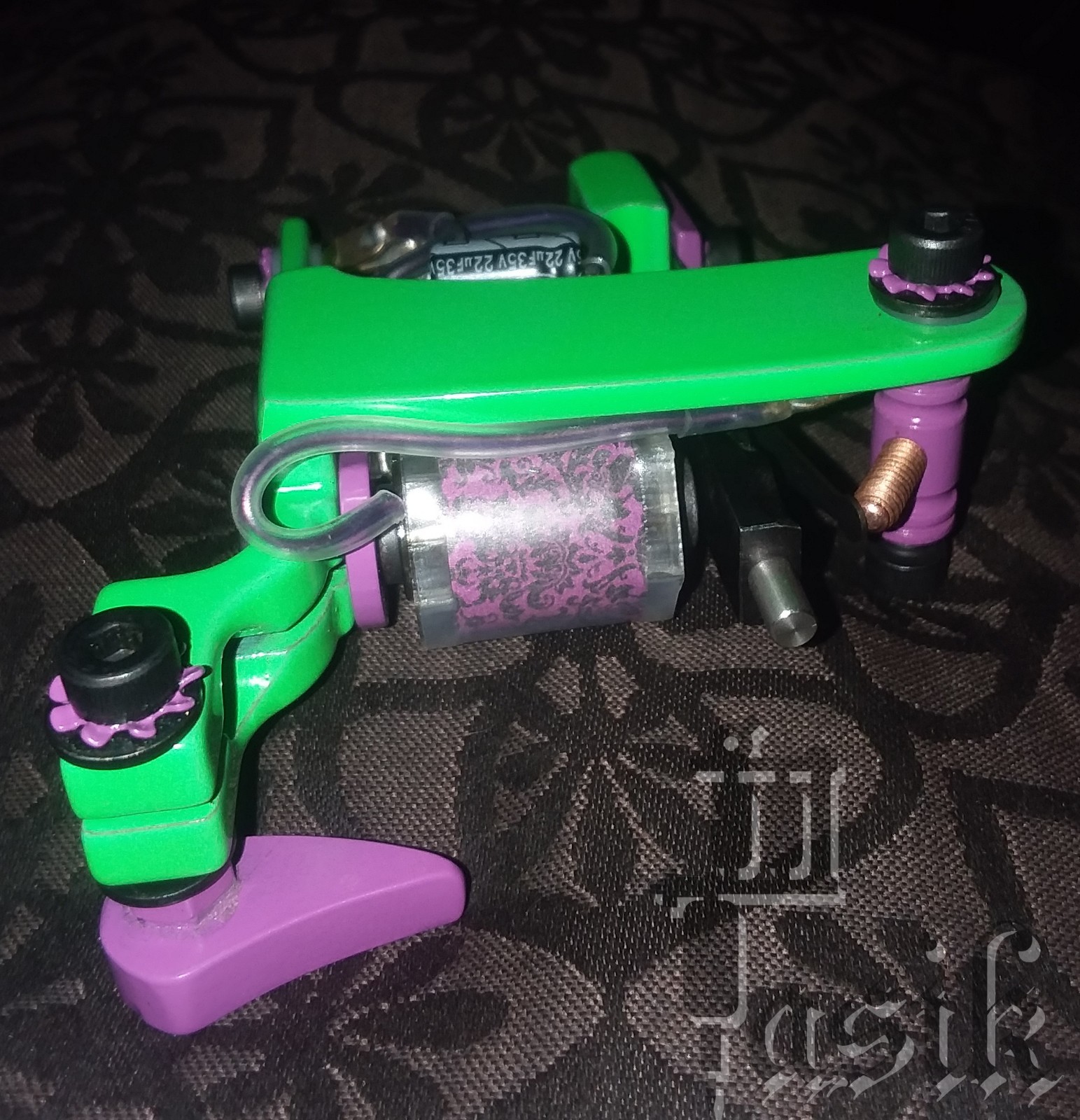 One Off Shorty Liner hand crafted hand wrapped coils neon green and purple mach.