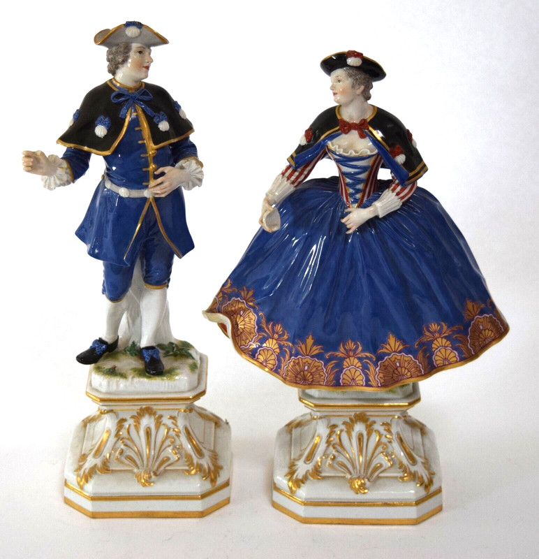 Antique Pair Meisson Porcelain Pilgrim Figures Sculptures Statues Male Female