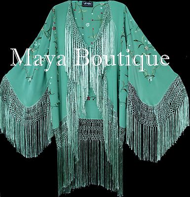 Pre-owned Maya Matazaro Embroidered Silk Fringe Jacket Kimono Tiffany Green Hand Dyed  Usa