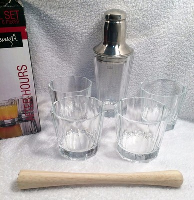New in Box Glass DENIZLI Bella 6-PIECE COCKTAIL SET w/ Bonus Muddler - Glasses