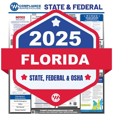 2025 Florida FL State/Fed Labor Law All In 1 Compliance Poster Paper/Laminated
