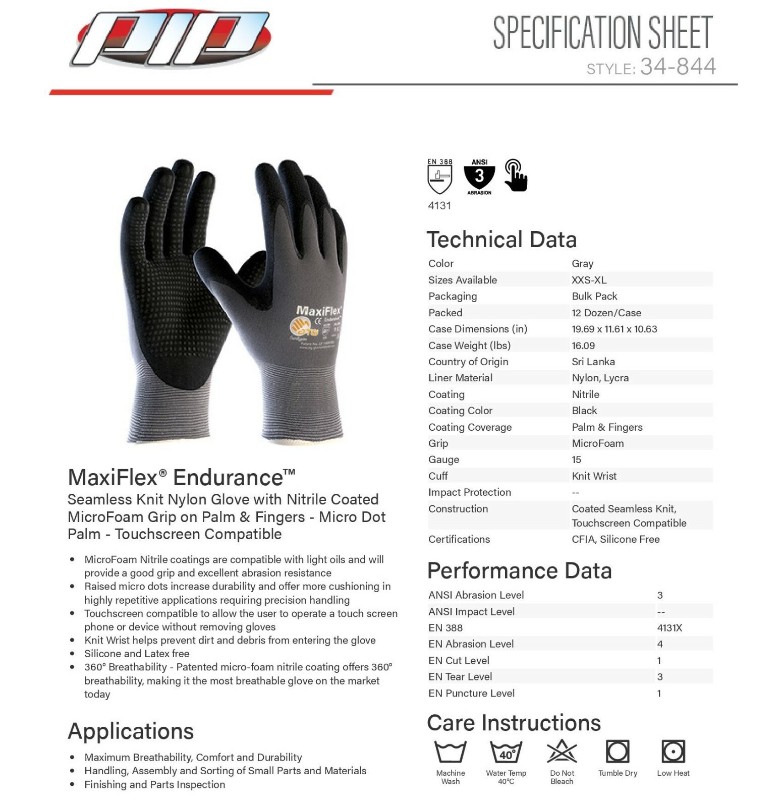 12- 34-844 MaxiFlex Nitrile Grip Foam Dotted Palm Coated PROTECTIVE WORK GLOVES