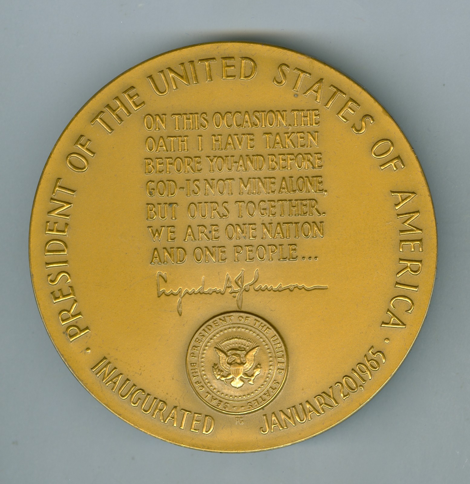 Jan 20, 1965 BZ Lyndon Johnson Inaugurated President US Mint Medal, 3”