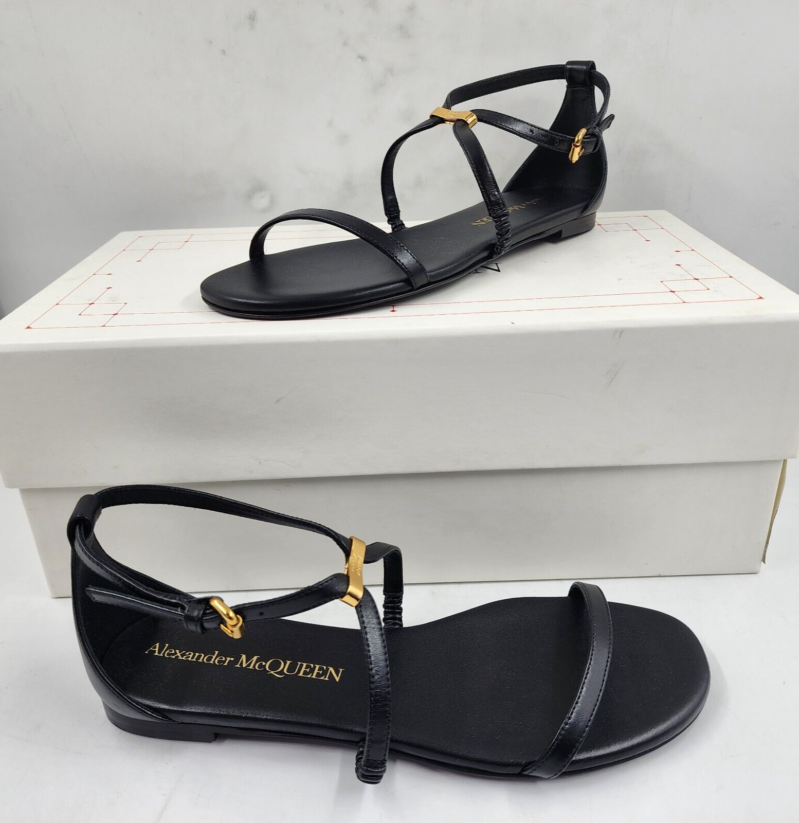 Alexander McQueen Ankle-Strap Leather Sandals Women's 37/7US Black/Gold Buckled - Picture 2 of 18