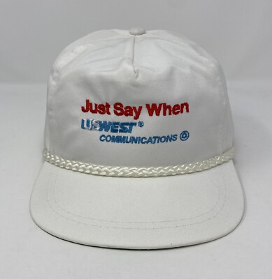 US West Communications  Just Say When  White Trucker Rope Hat StrapBack Cap *Vtg