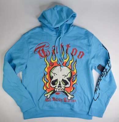 Ed Hardy Tattoo Pullover Sweatshirt Hoodie Baby Blue Skull Flames | Men Size 2XL
