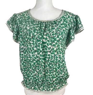 MAX STUDIO Women's Top Green Floral Summer Top Size S Short Sleeve