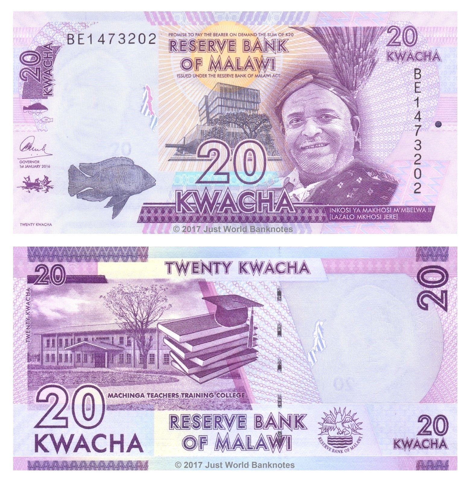 Malawi 20 Kwacha 2016 Prefix BE P-63c Banknotes UNC · $1.59 · Malawi