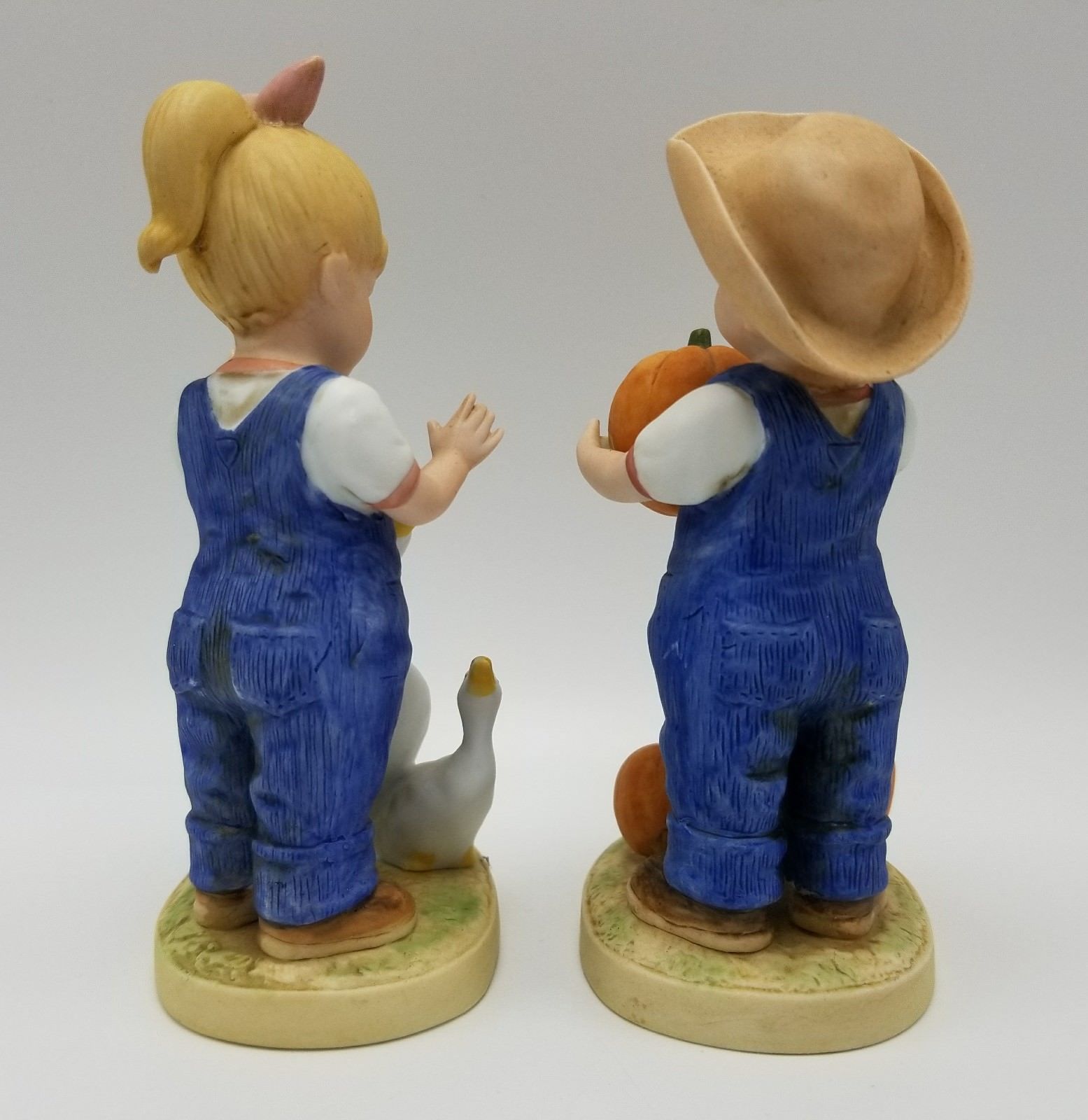 HOMCO Denim Days Debbie Danny Figurines 1502 Fall Pumpkins and Goose 1985