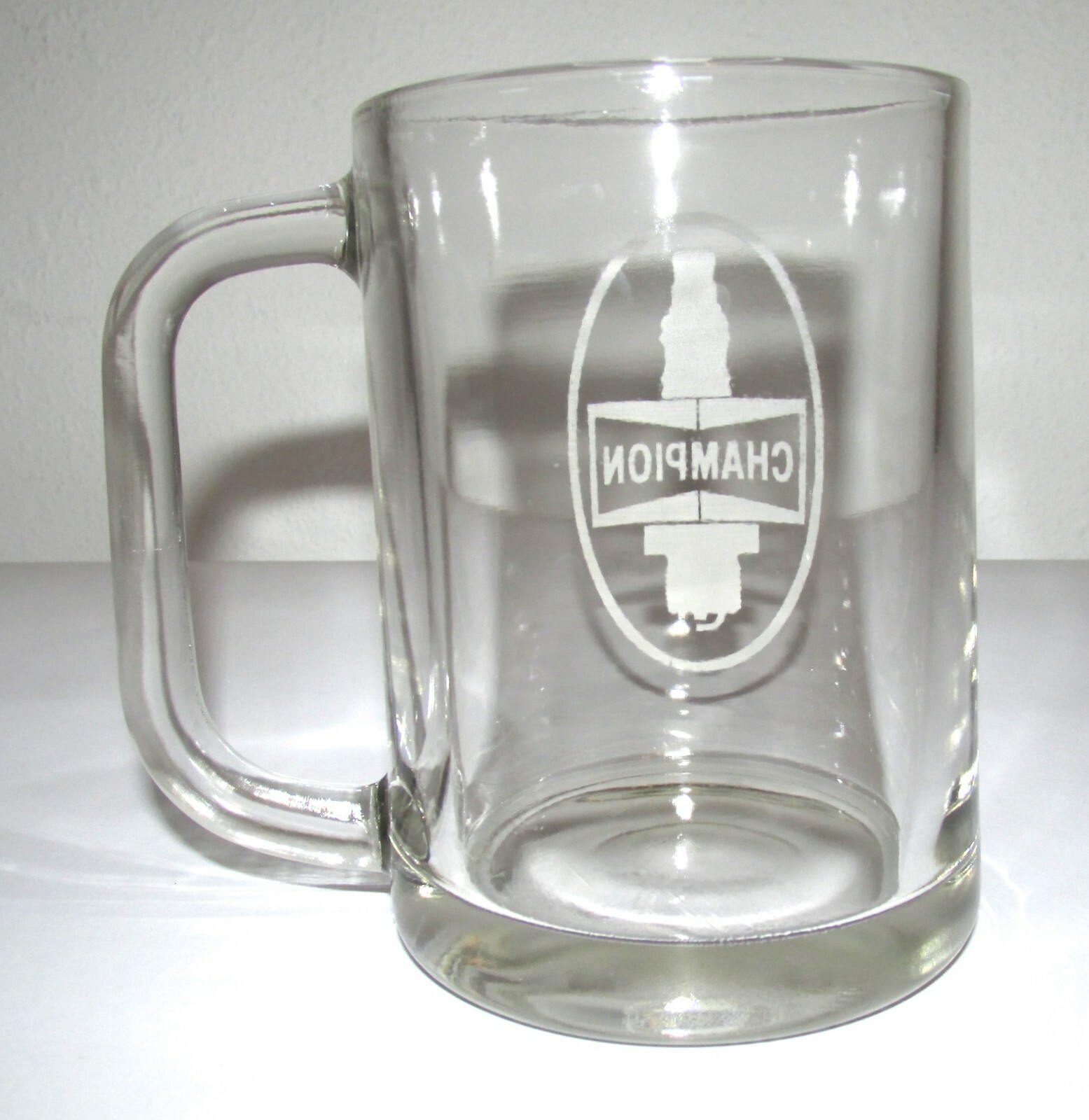 Vtg Etched CHAMPION SPARK PLUG LOGO Glass Beer MUG Cup Stein TANKARD Petroliana