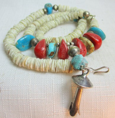NATIVE AMERICAN Sterling Silver 925 Vintage Estate TURQUOISE RED CORAL Necklace