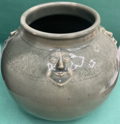 Large Art Pottery Vase w Embossed Raised Face Design Moss Green 9'' high 14'' wide