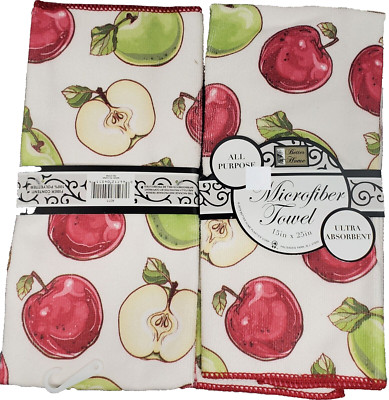 Set of 2 Same Microfiber Towels (15''x25'') RED & GREEN WHOLE & HALVES APPLES, BH