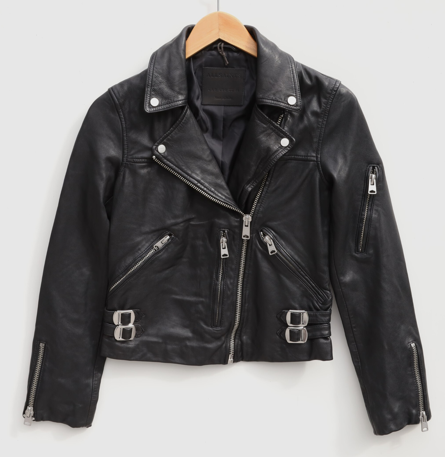 専用：ALL SAINTS レザージャケット US 4 / EU 36 All Saints Prescott Black Smooth Lamb Leather Biker Jacket 4 Zip