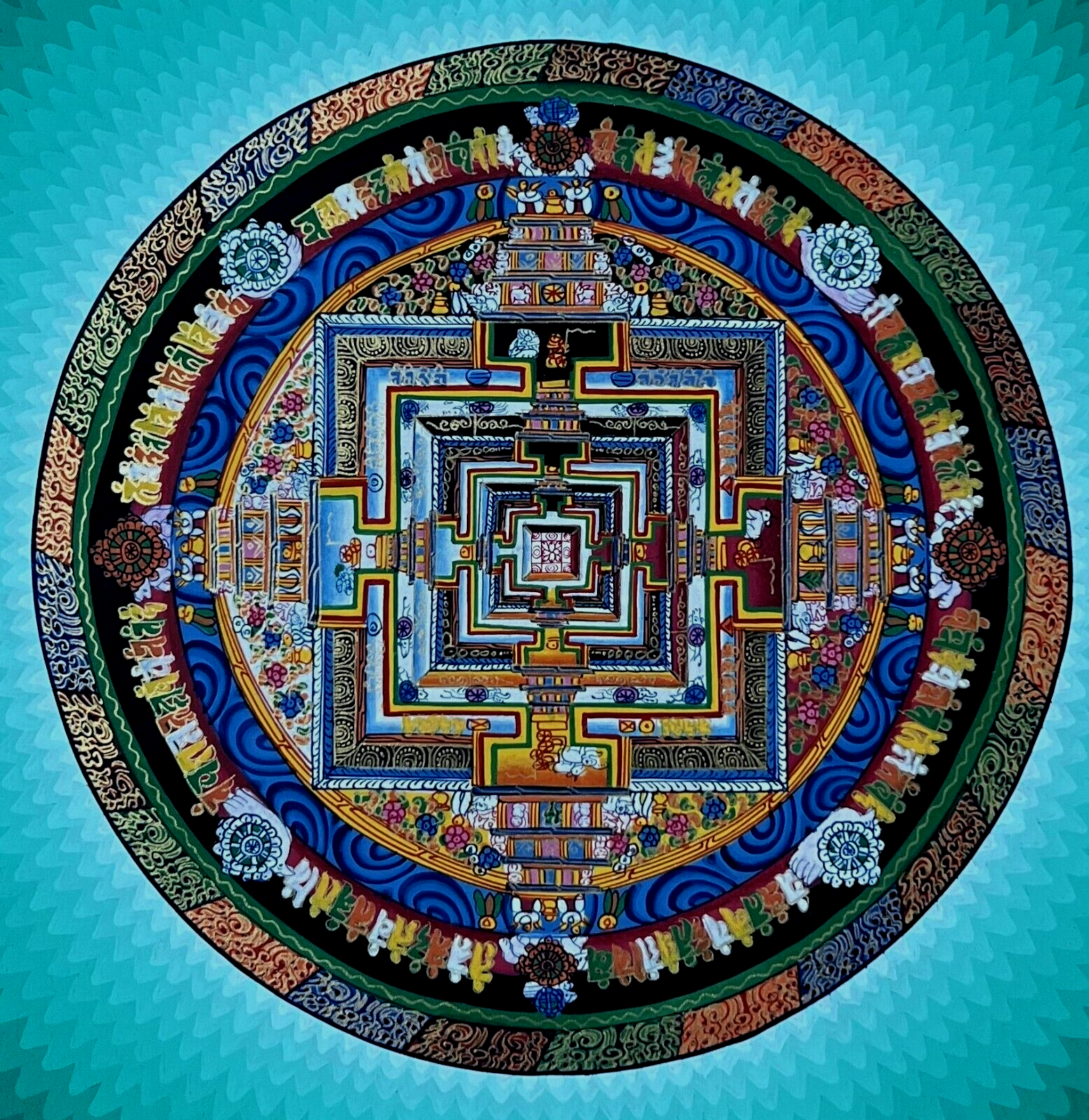 ORIGINAL HAND-PAINTED LOTUS RAINBOW KALACHAKRA MANDALA TIBETAN THANGKA PAINTING