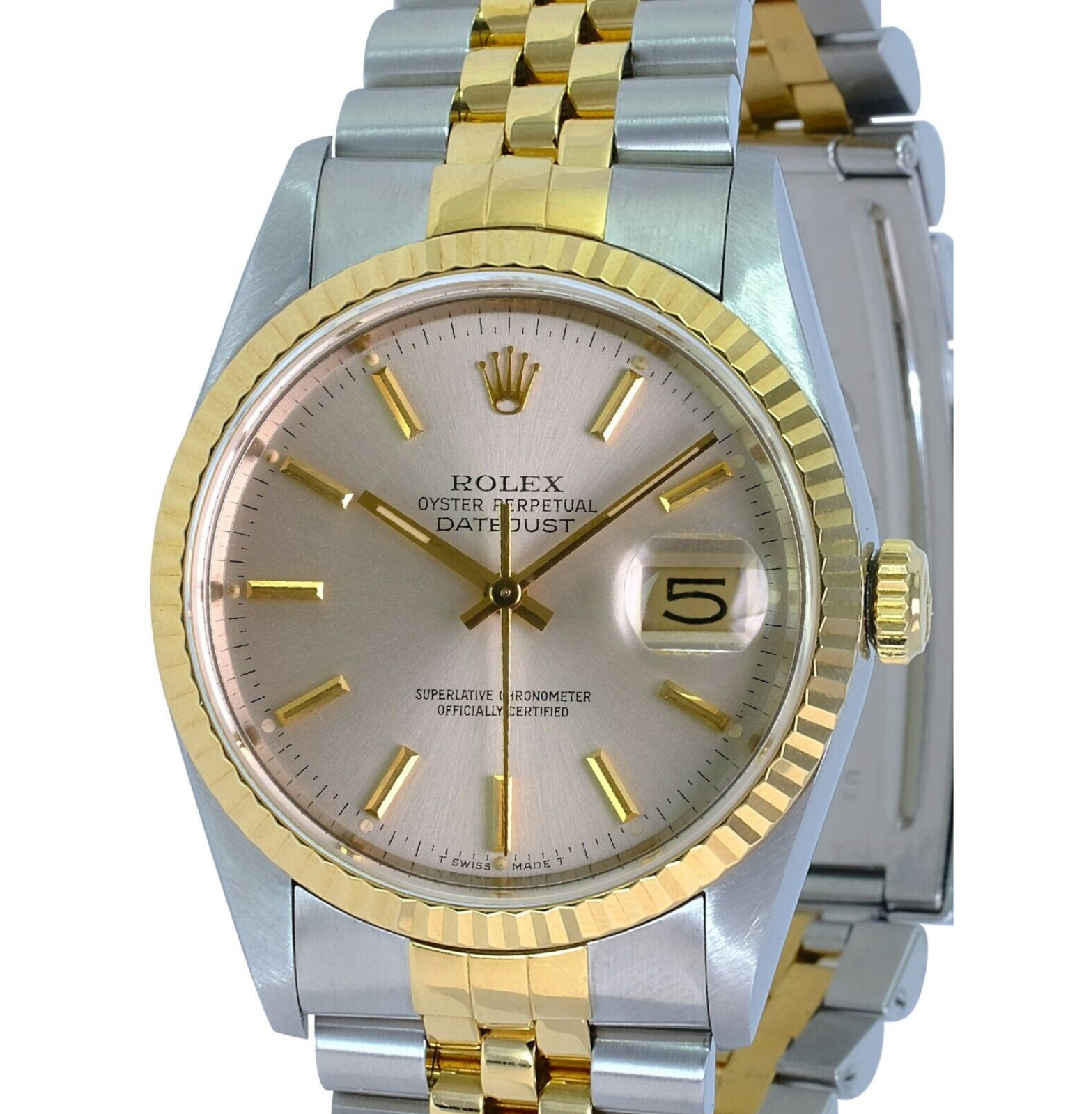 ROLEX DATEJUST 16233 UNISEX WATCH SILVER INDEX DIAL FLUTED 18 K