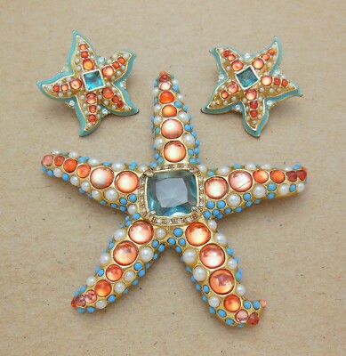 KJL Kenneth Jay Lane for Avon Jeweled Starfish Brooch Pin & Clip Earring SET