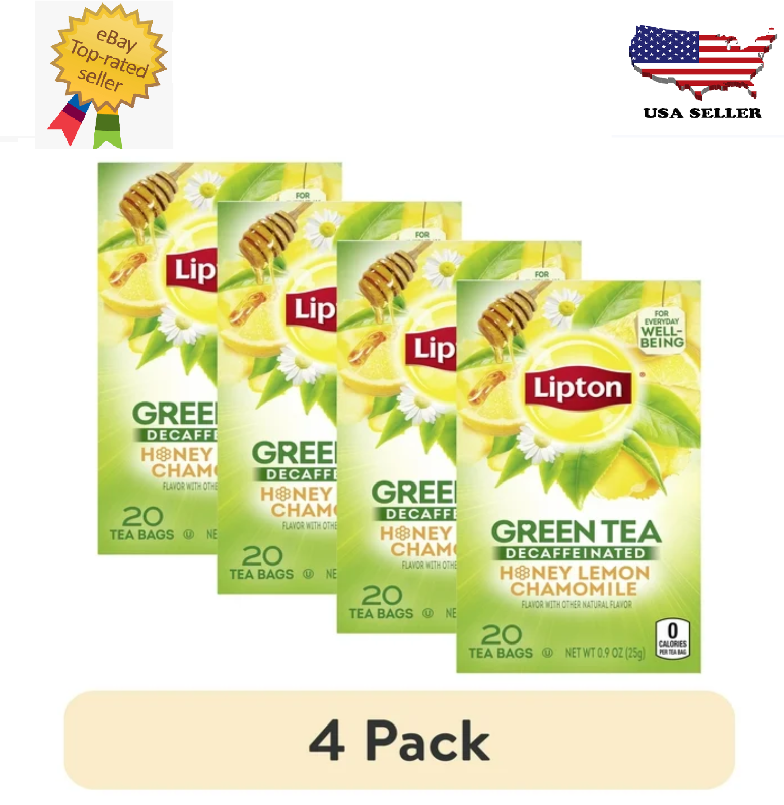 New Lipton Green Tea, Honey Lemon Chamomile, Decaffeinated, Tea Bags 20 (4 pack)