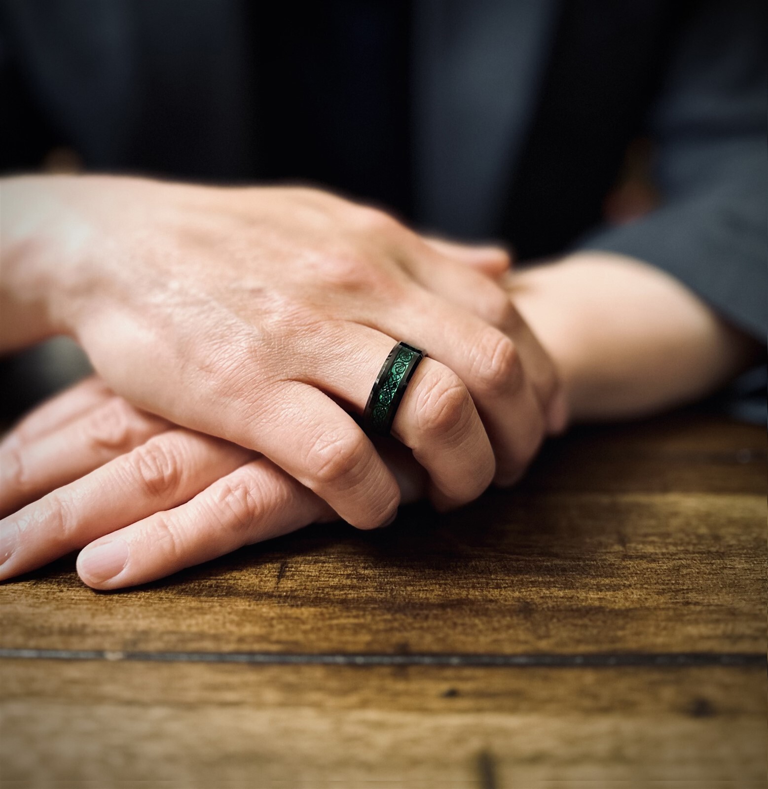 8mm Black Tungsten Carbide Men's Ring Green Celtic Dragon Wedding Band