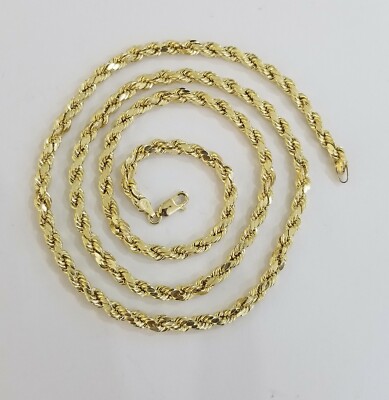 Pre-owned Globalwatches10 Real 10k Yellow Gold Rope Necklace Chain 30" 4mm Lobster Lock Men Diamond Cut