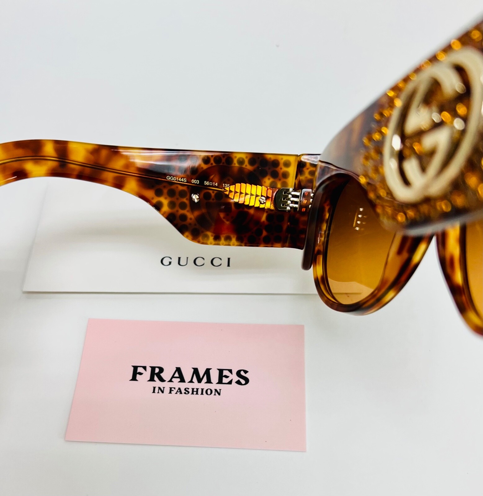 Pre-owned Gucci Authentic Hollywood Forever 0144 Brown Gold Crystal Sunglasses Gg0144s 003