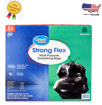 Great Value Strong Flex Multi-Purpose Drawstring Bags, 33 Gallon, Mint, 40 Count