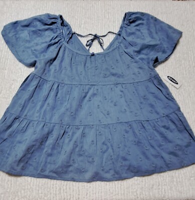 Old Navy Blouse Top Womens Blue XS Short Sleeve Lightweight Embroidered NWT