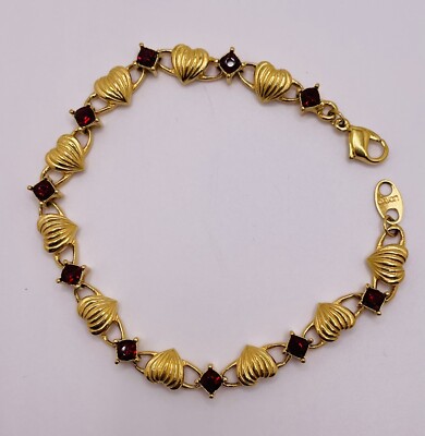 Avon Gold Tone Bracelet With Heart And Faux Ruby Links 7.5 Valentine s Day