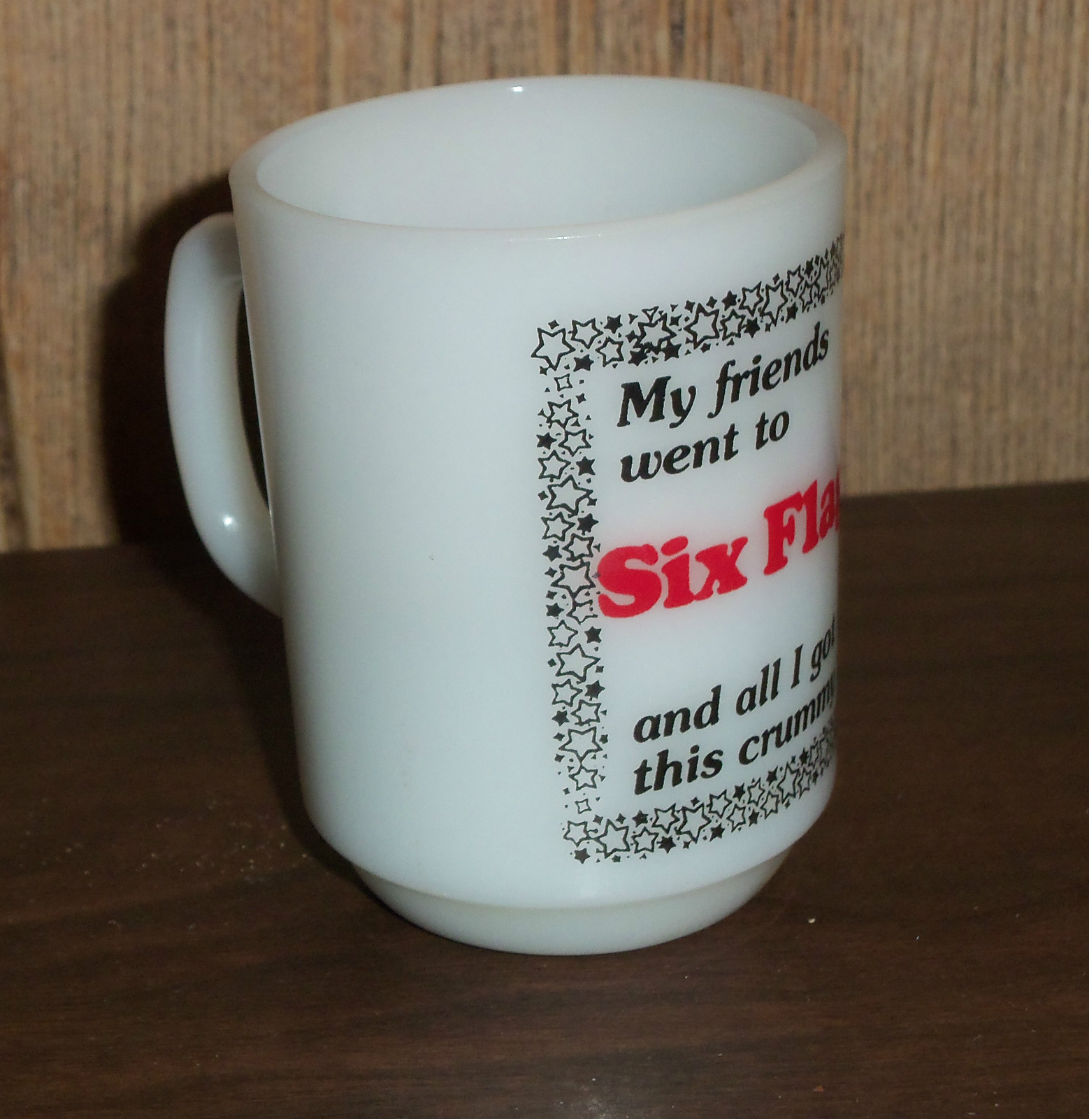 ANCHOR HOCKING SIX FLAGS MUG CUP - MILK GLASS - 