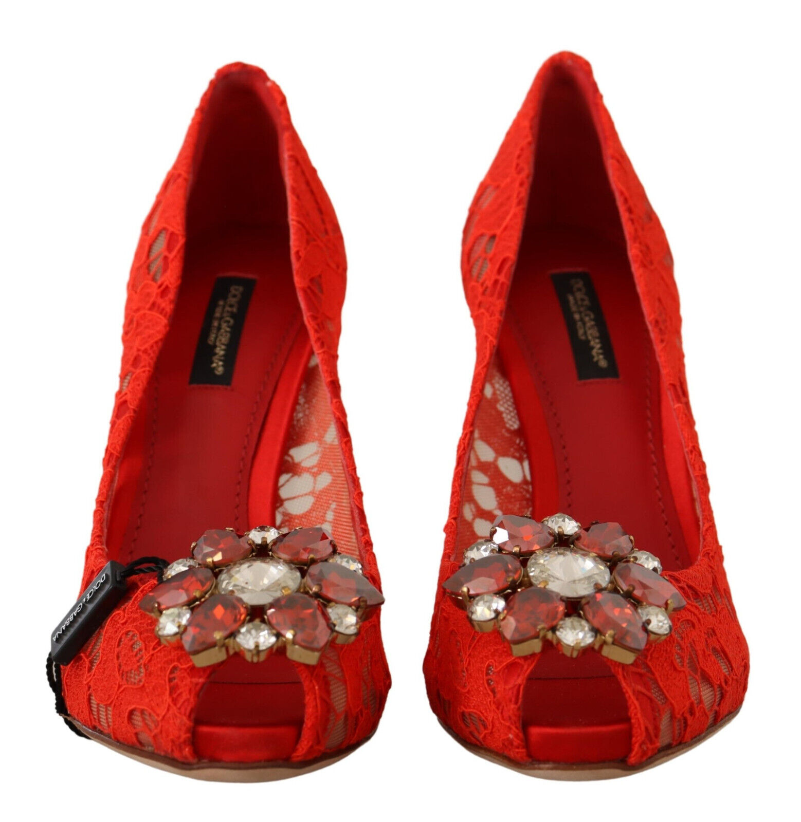 Pre-owned Dolce & Gabbana Shoes Red Taormina Lace Crystal Heels Pumps Eu35 / Us4.5 $1100