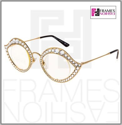 Pre-owned Gucci Lips Crystal Sunglasses 4287 Cat Eye Gold Metal Frame Glasses 0046 In J5g99