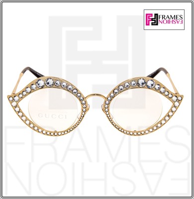 Pre-owned Gucci Lips Crystal Sunglasses 4287 Cat Eye Gold Metal Frame Glasses 0046 In J5g99