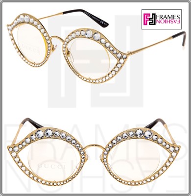 Pre-owned Gucci Lips Crystal Sunglasses 4287 Cat Eye Gold Metal Frame Glasses 0046 In J5g99