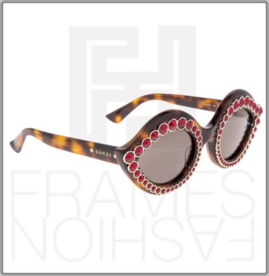 Pre-owned Gucci Crystal 0045 3867 Lips Cat Eye Havana Brown Red Stud Sunglasses Gg0045s