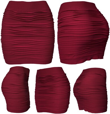 Womens Mini Stretch Seamless Solid Basic Pleated Bodycon Skirt