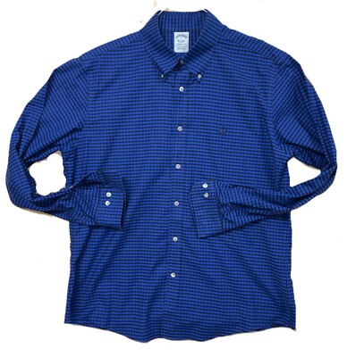 Brooks Brothers Black-Royal Blue Checked 95% Cotton Lamb Shirt Mint Mens Size L