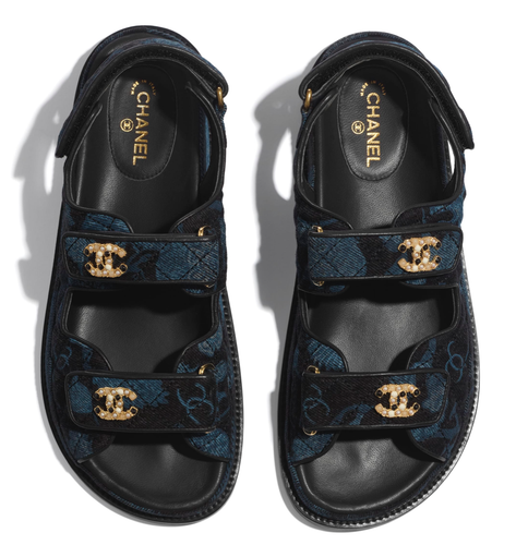 Pre-owned Chanel 21a Blue Black Grey Denim Cc Logo Mule Slide Strap Flat Dad Sandal 38.5