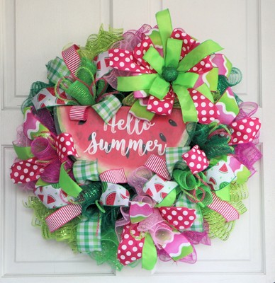 HELLO SUMMER WATERMELON MESH WREATH, Green Pink