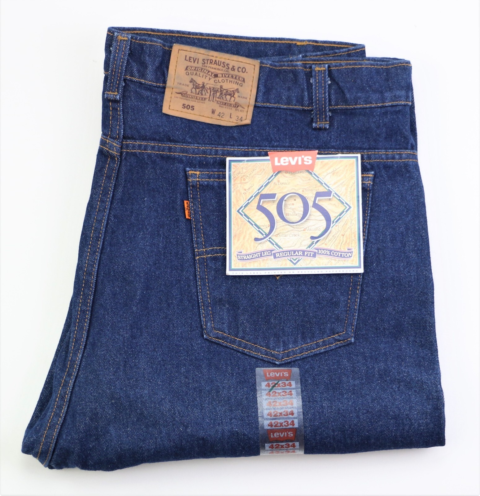 

Новые старые джинсы Levis 505 Regular Fit Vintage Deadstock Made in USA W42 L34, Синий, Levi's 505