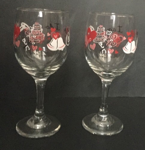 Mr. And Mrs. Wedding Wine Glasses Set Bells Hearts Flowers She Said Yes I Do