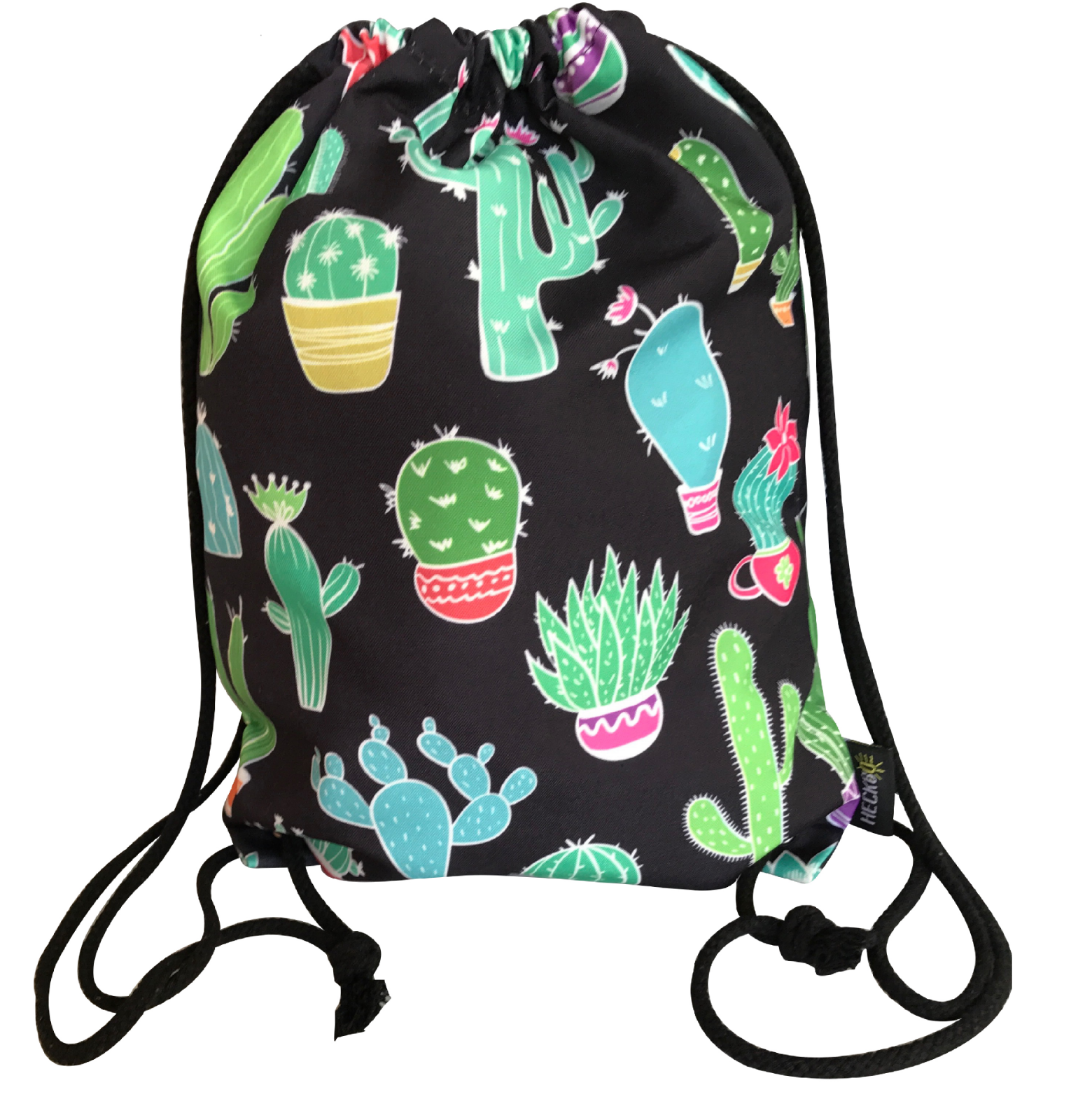 HECKBO Kaktus Turnbeutel, Sportbeutel, Tasche, Rucksack, Gymbag (schwarz)
