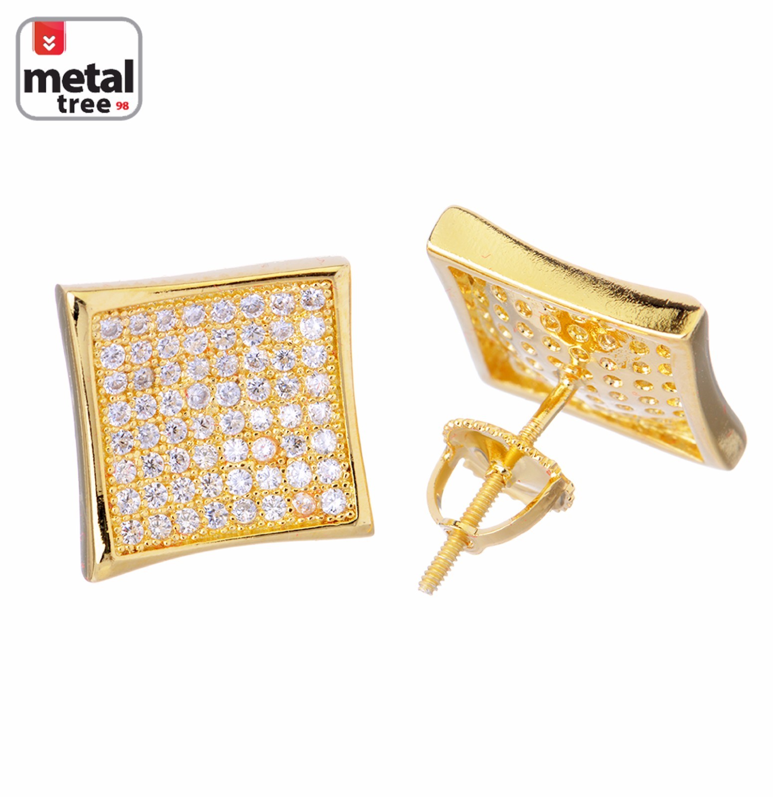 Hip Hop Men's 14K Gold Silver Plated Bling Square Screw Back