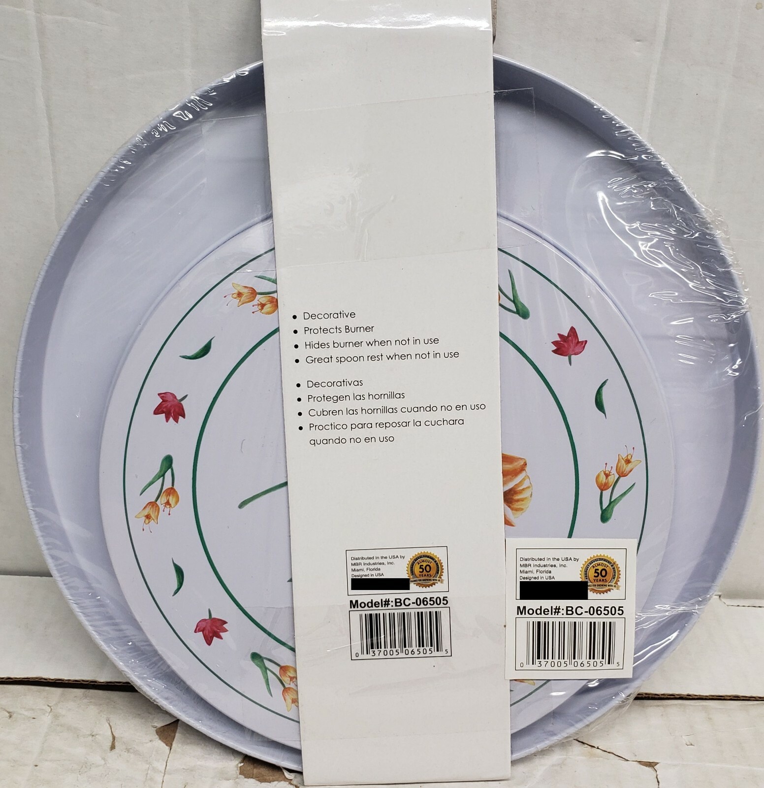 SET OF 4 TIN STEEL STOVETOP BURNER COVERS (2-10",2-8") FLOWERS, TULIPS, MBR