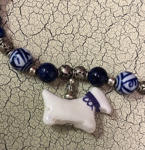 Vintage Ceramic Bead Necklace Scottish Terrier Dog Scotty Blue And White