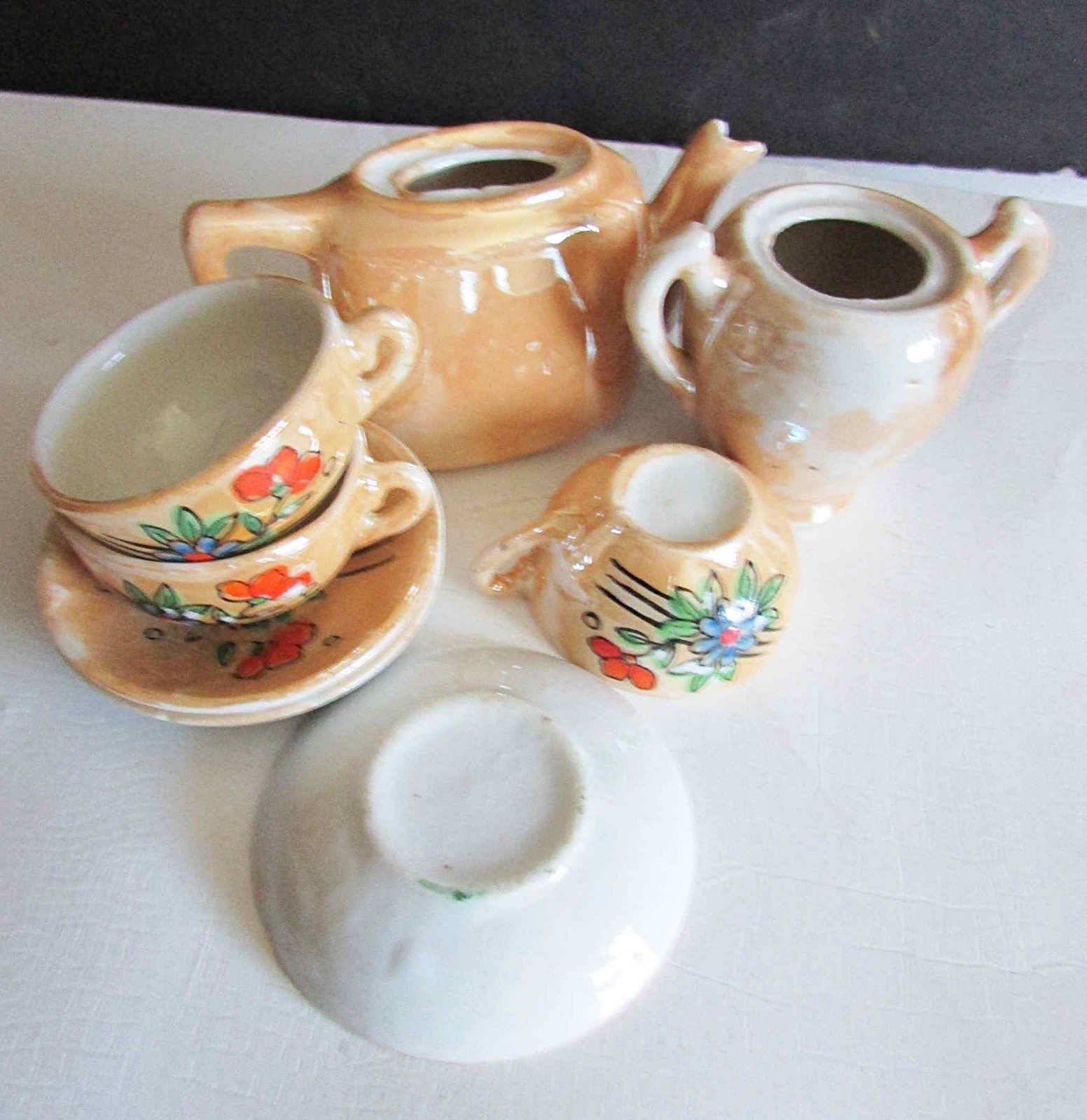 Japan Vintage 8 Pc Hand Painted Red Flower Lusterware Childs Tea Set FREE SH