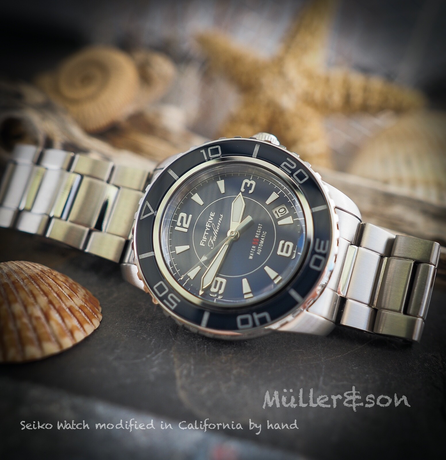 Pre-owned Müller&son Watch "blue Mod 1" Made From Seiko Snzh53 Fifty Five Fathoms+bracelet